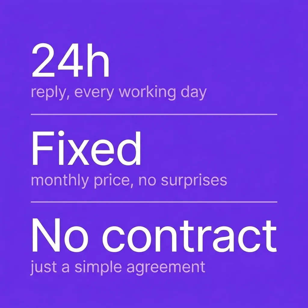 24 hour reply, a fixed monthly price, and no contract.