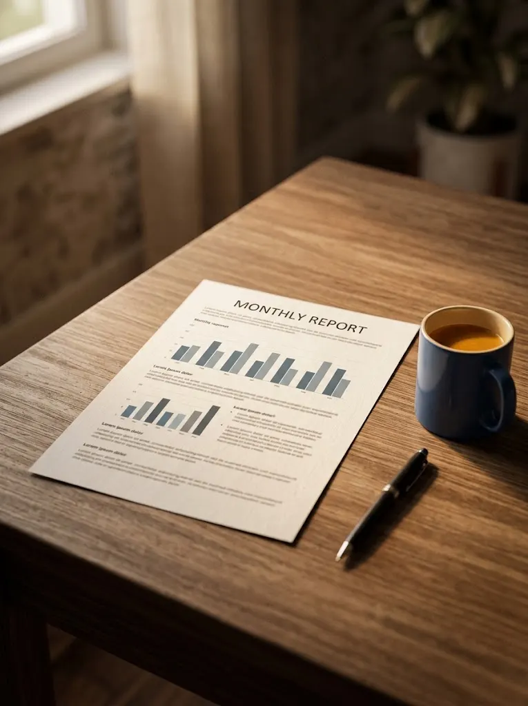 A printed monthly report, pen and coffee on a wooden desk.