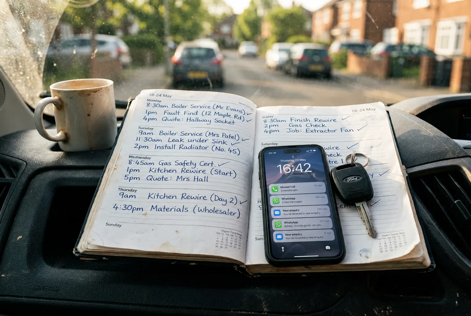 A phone and a notebook on a desk.