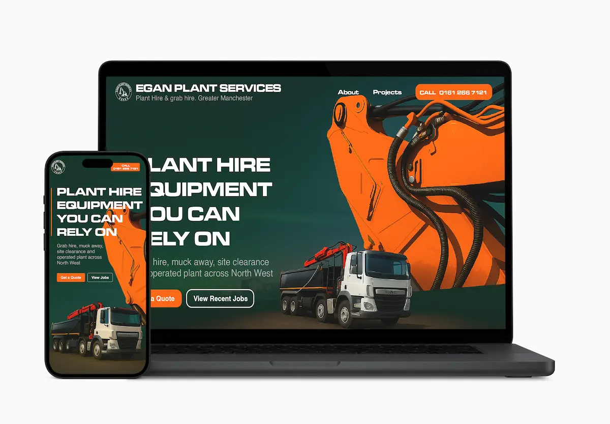Egan Plant Services website shown on a laptop and phone, designed and built by My Trade Kit