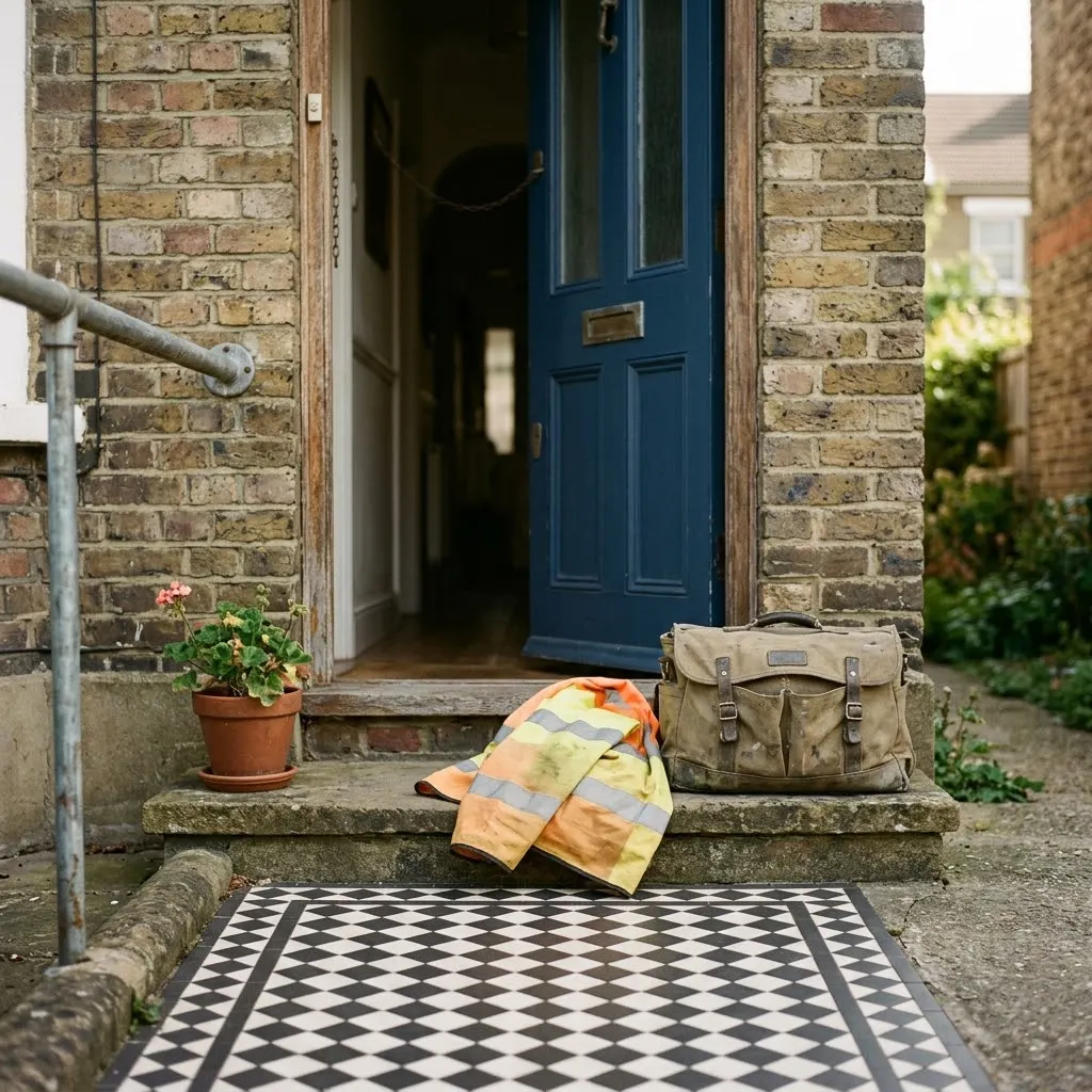 A tool bag and high-visibility jacket on a doorstep.