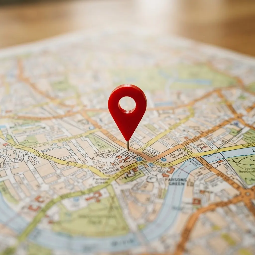 A red map pin standing on a street map.