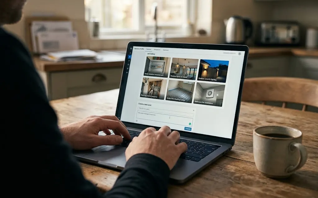 A laptop showing a gallery of finished trade jobs.