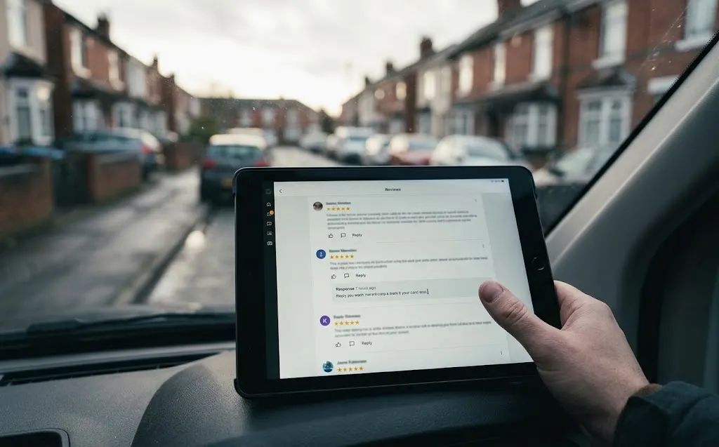 A tablet in a van showing customer reviews.
