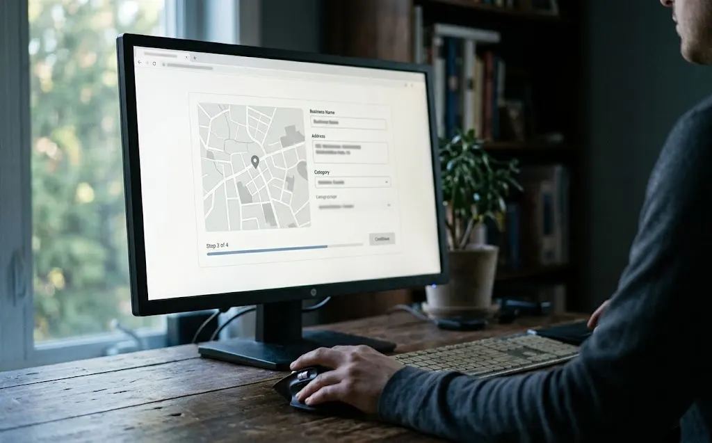 A person setting up a business profile on a desktop computer.