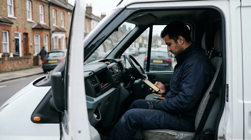 A tradesperson checking a phone in the driver's seat of a van.