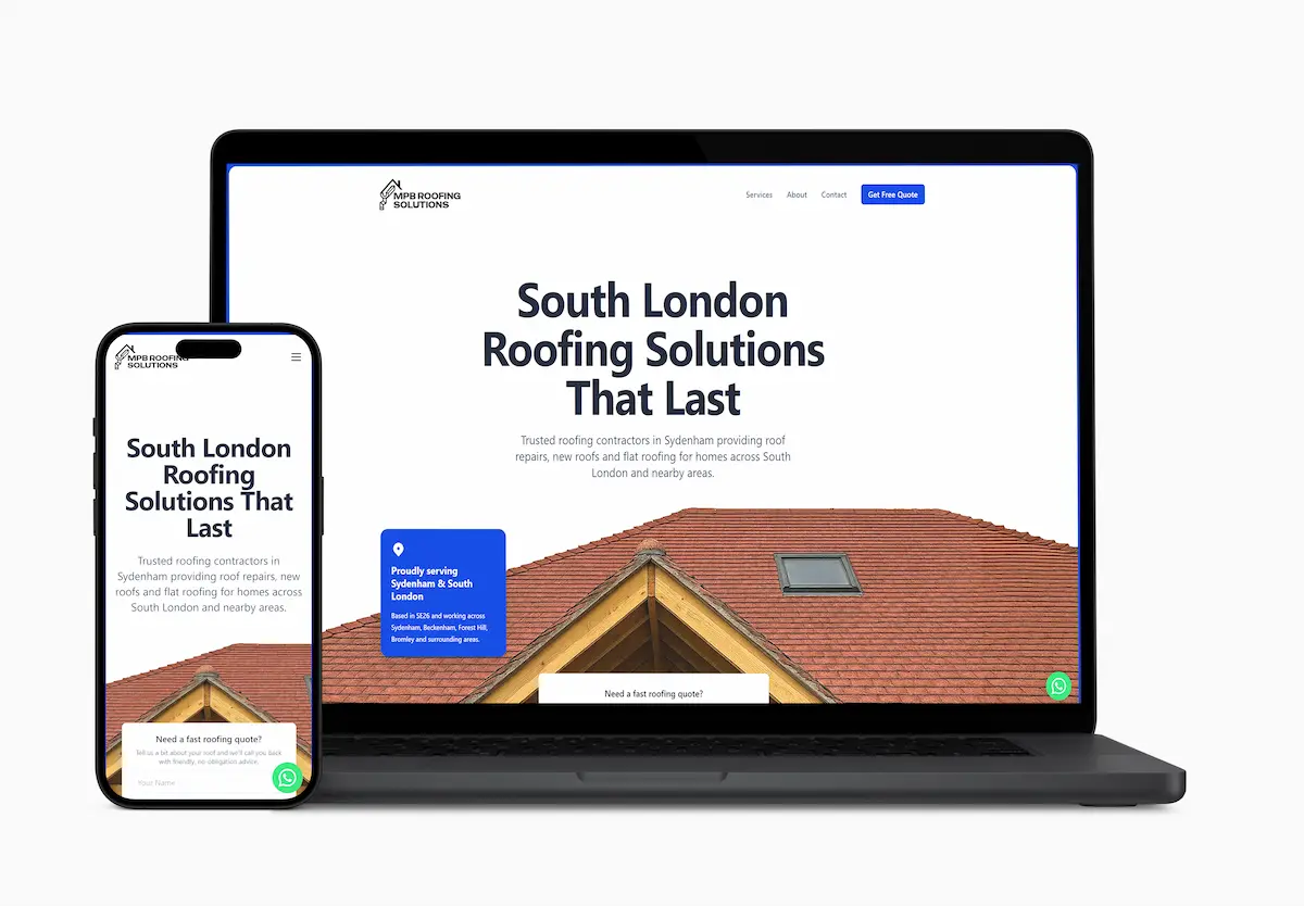 MPB Roofing Solutions website shown on a laptop and phone, designed and built by My Trade Kit
