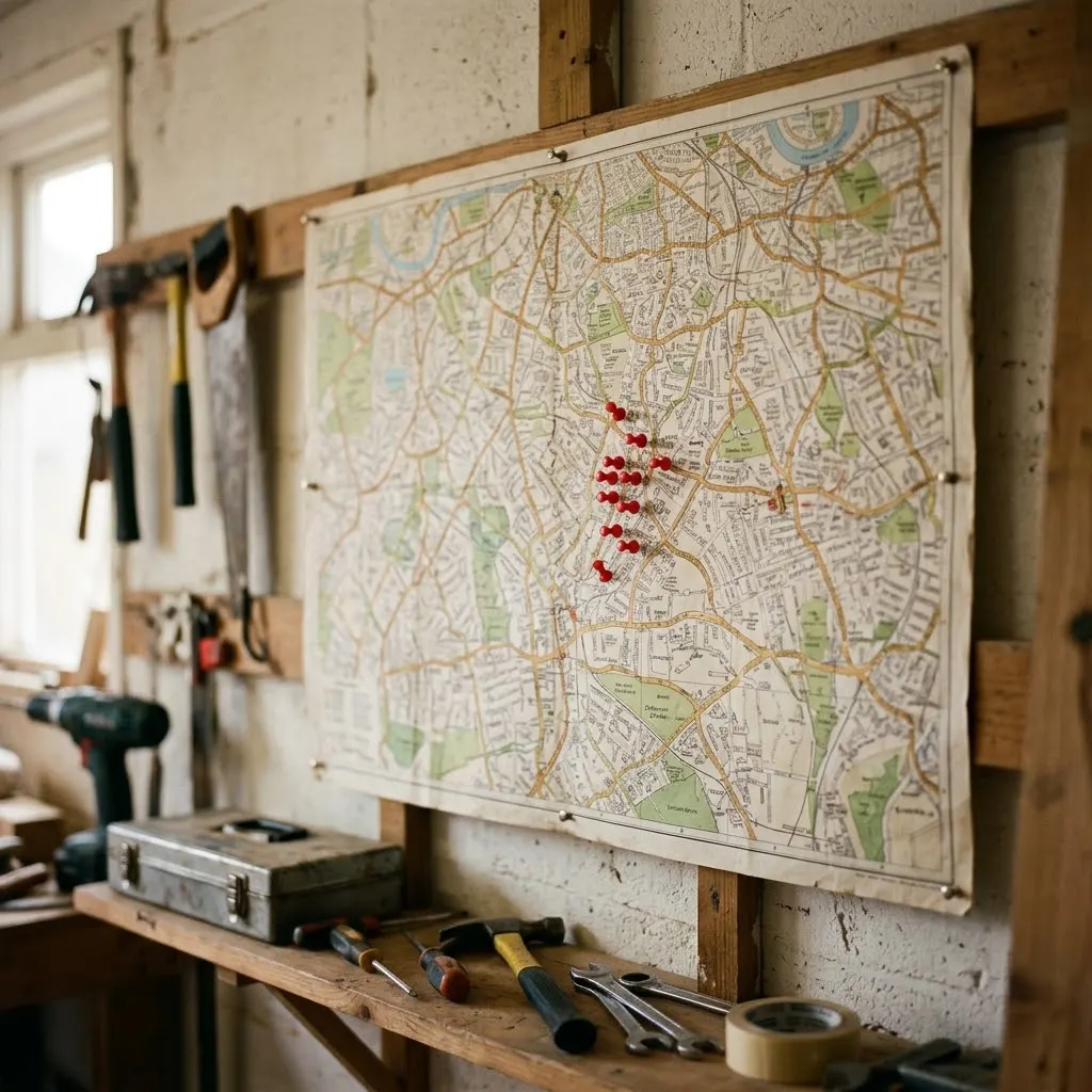A street map pinned to a workshop wall, with tools on the bench below.