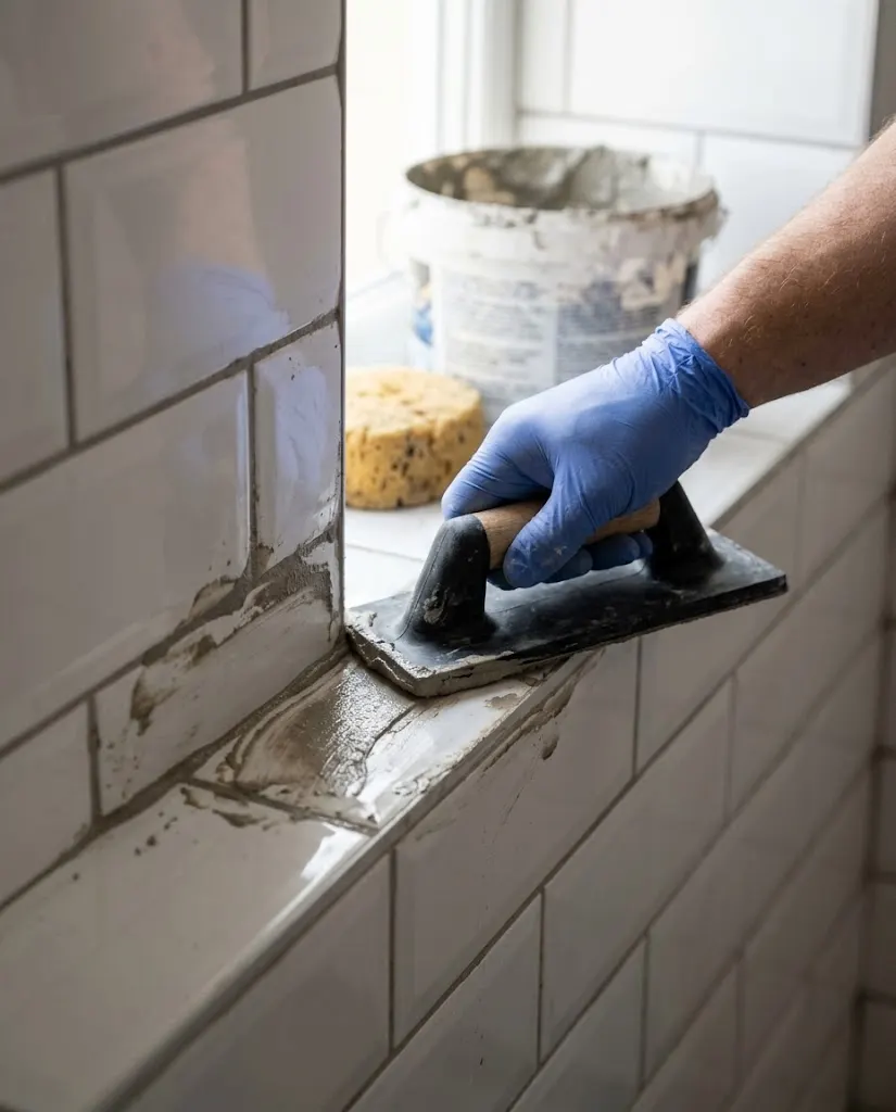 A gloved hand smoothing grout along a tiled windowsill.