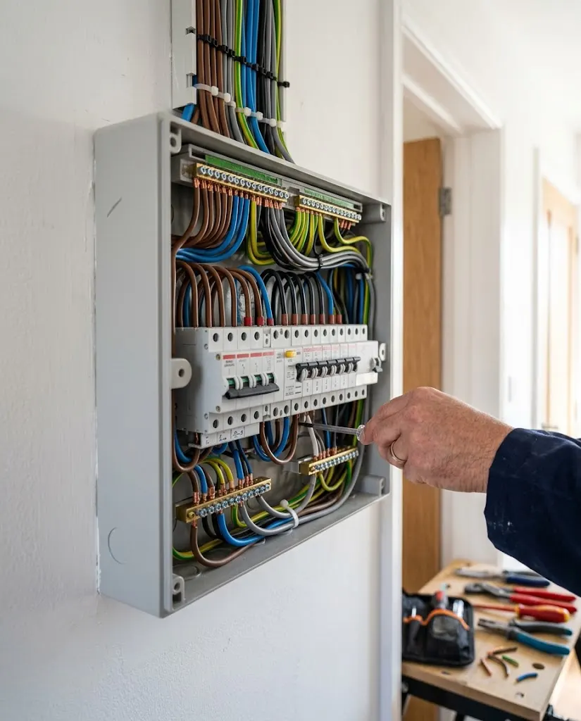 An electrician working inside an open consumer unit.