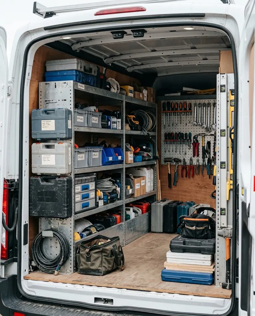 The back of a van fitted out with tools and storage.
