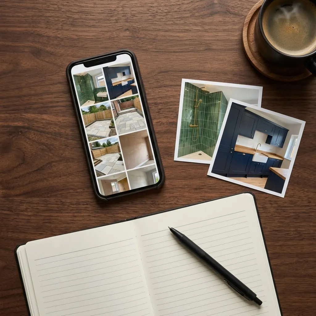 A phone showing job photos, printed pictures and a notebook on a table.