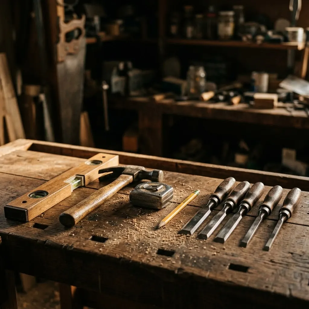 Hand tools laid out on a wooden workbench.