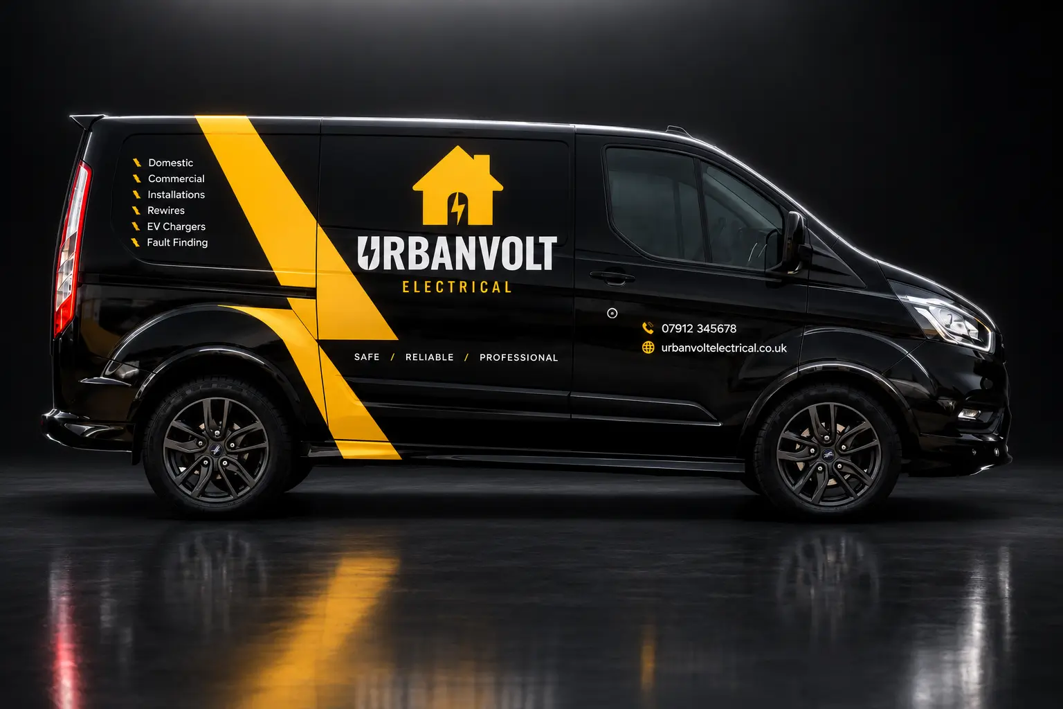 Urbanvolt Electrical black van with yellow branding, photographed in a dark studio with dramatic lighting.