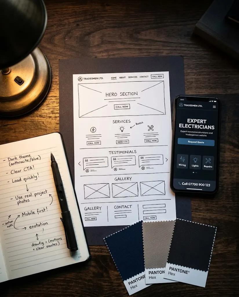 A notebook, phone and sketches on a desk.
