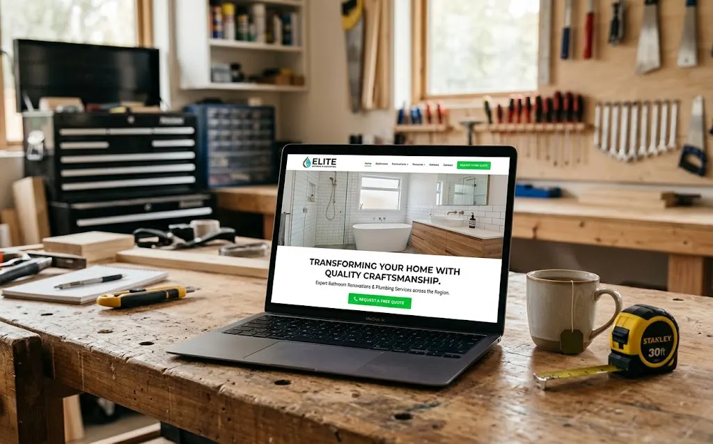 A laptop on a workbench showing a trade website, with a mug and a tape measure.