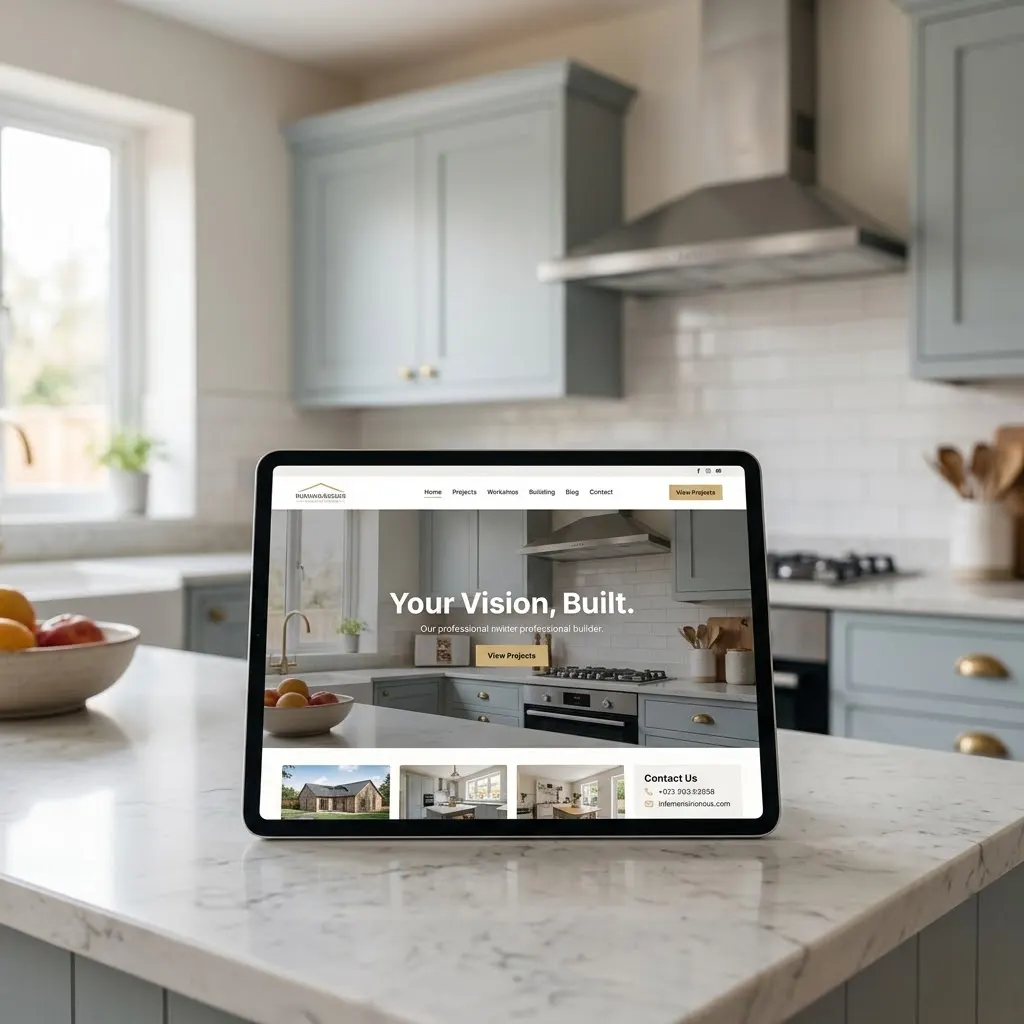 A laptop on a kitchen counter showing a trade website.